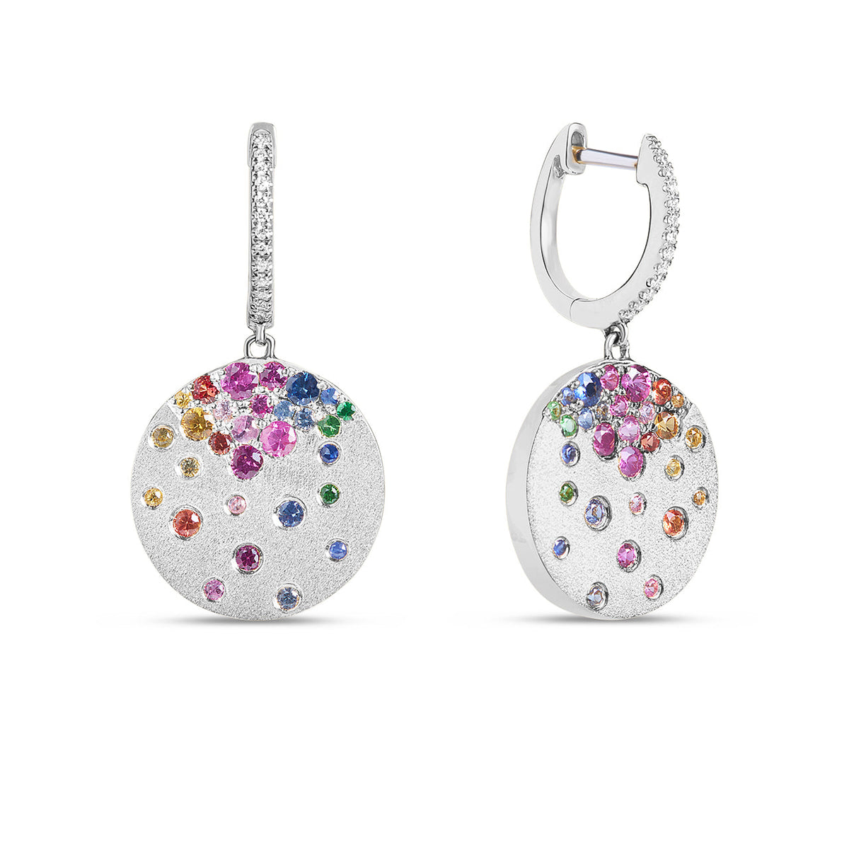 Rainbow Sapphire & Diamond Confetti Disc Dangle Earring