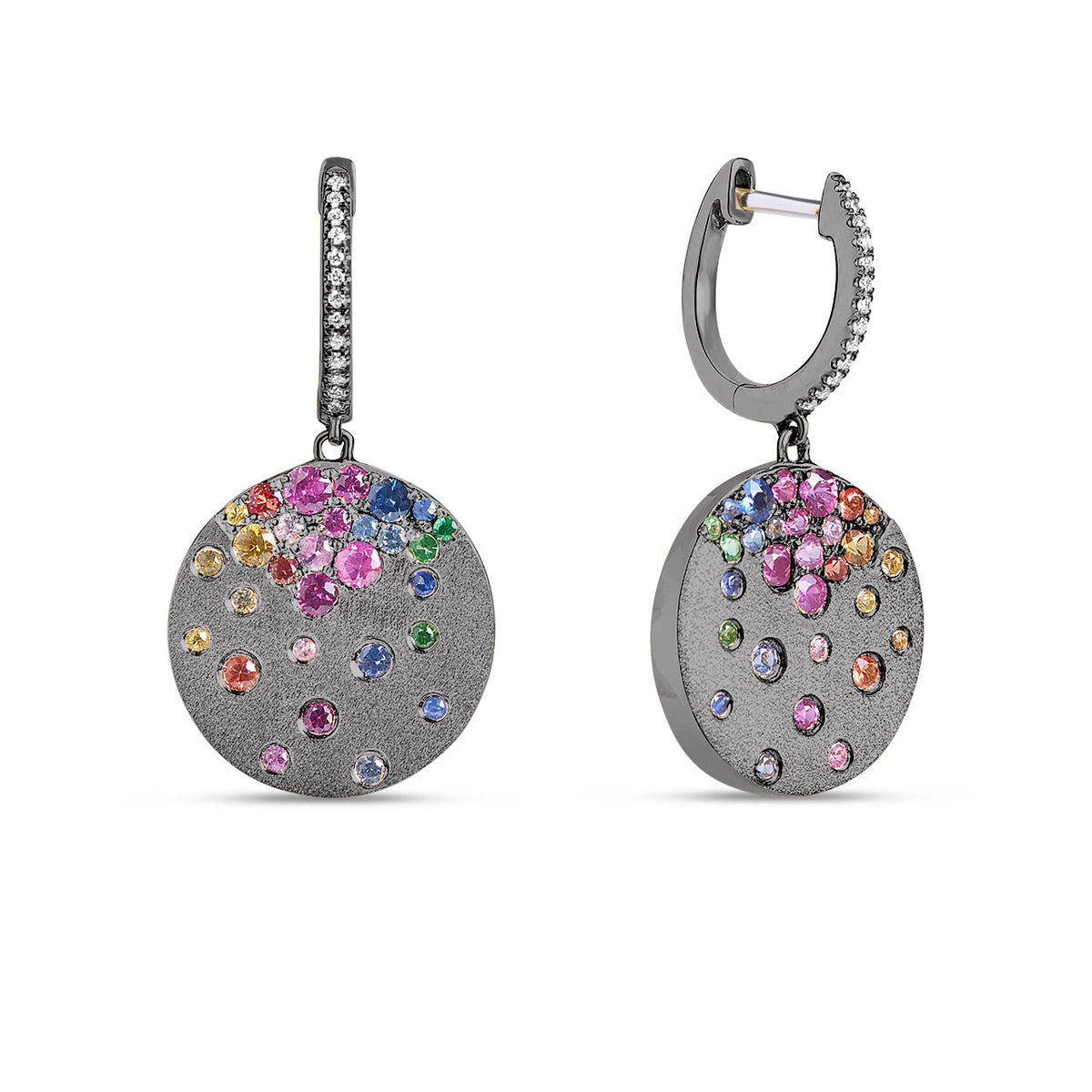 Rainbow Sapphire & Diamond Confetti Disc Dangle Earring