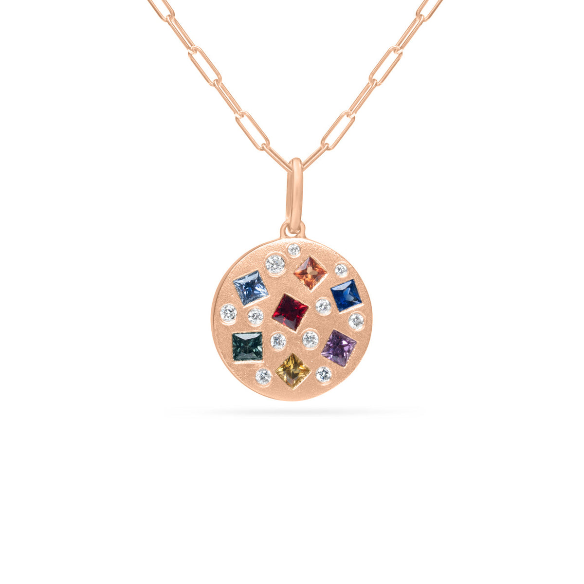 Rainbow Sapphire & Diamond Princess Disc Necklace