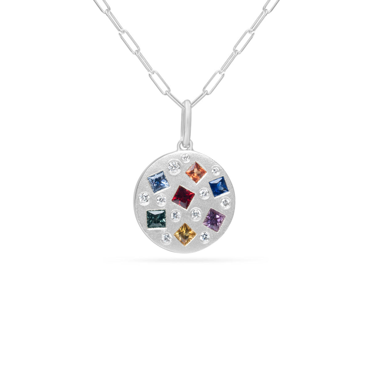 Rainbow Sapphire & Diamond Princess Disc Necklace