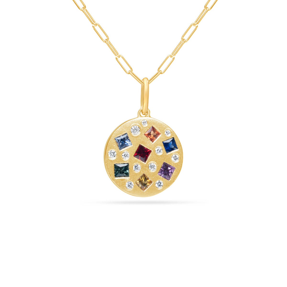 Rainbow Sapphire & Diamond Princess Disc Necklace