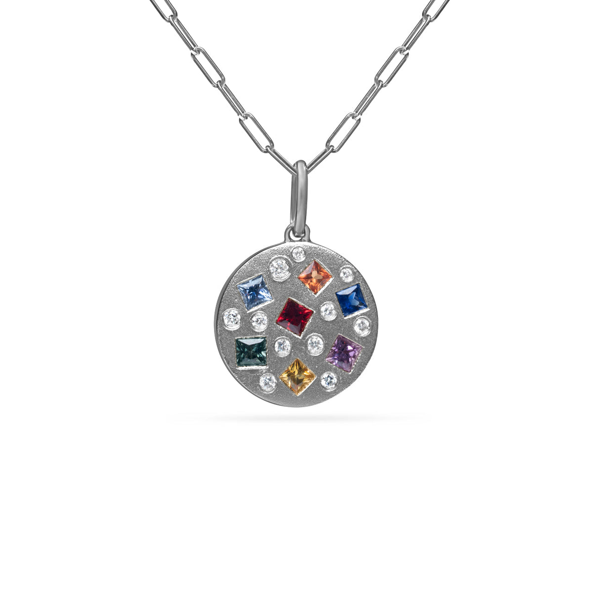 Rainbow Sapphire & Diamond Princess Disc Necklace