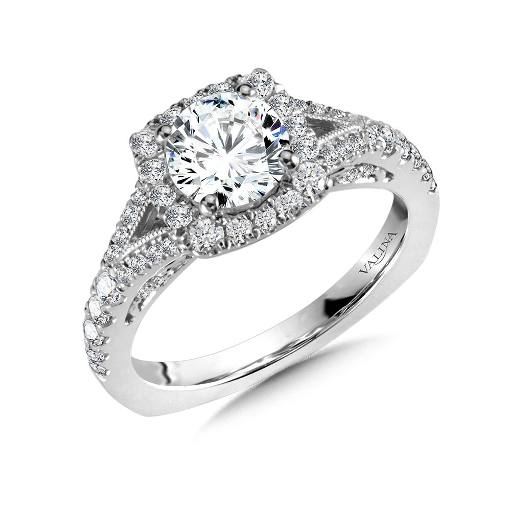 Split Shank Cushion-Shaped Halo Diamond Engagement Ring — R1038W