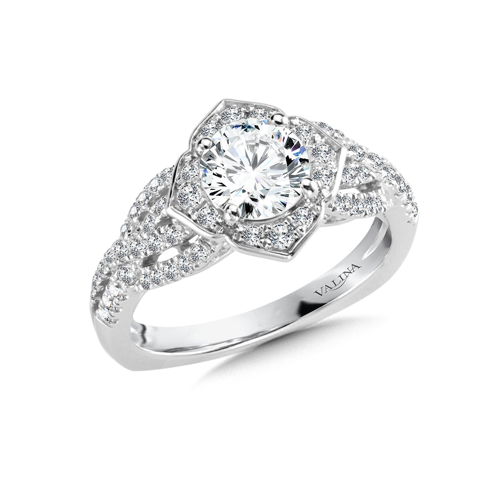 Criss Cross Floral Shaped Halo Engagement Ring — R1039W