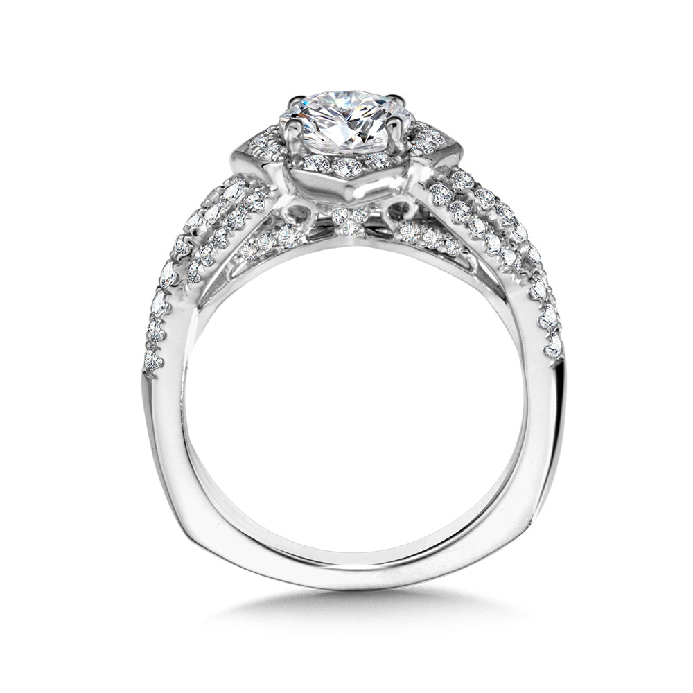Criss Cross Floral Shaped Halo Engagement Ring — R1039W