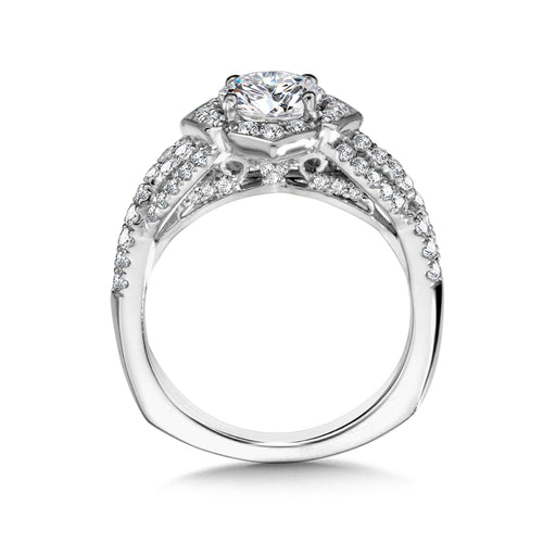 Criss Cross Floral Shaped Halo Engagement Ring — R1039W