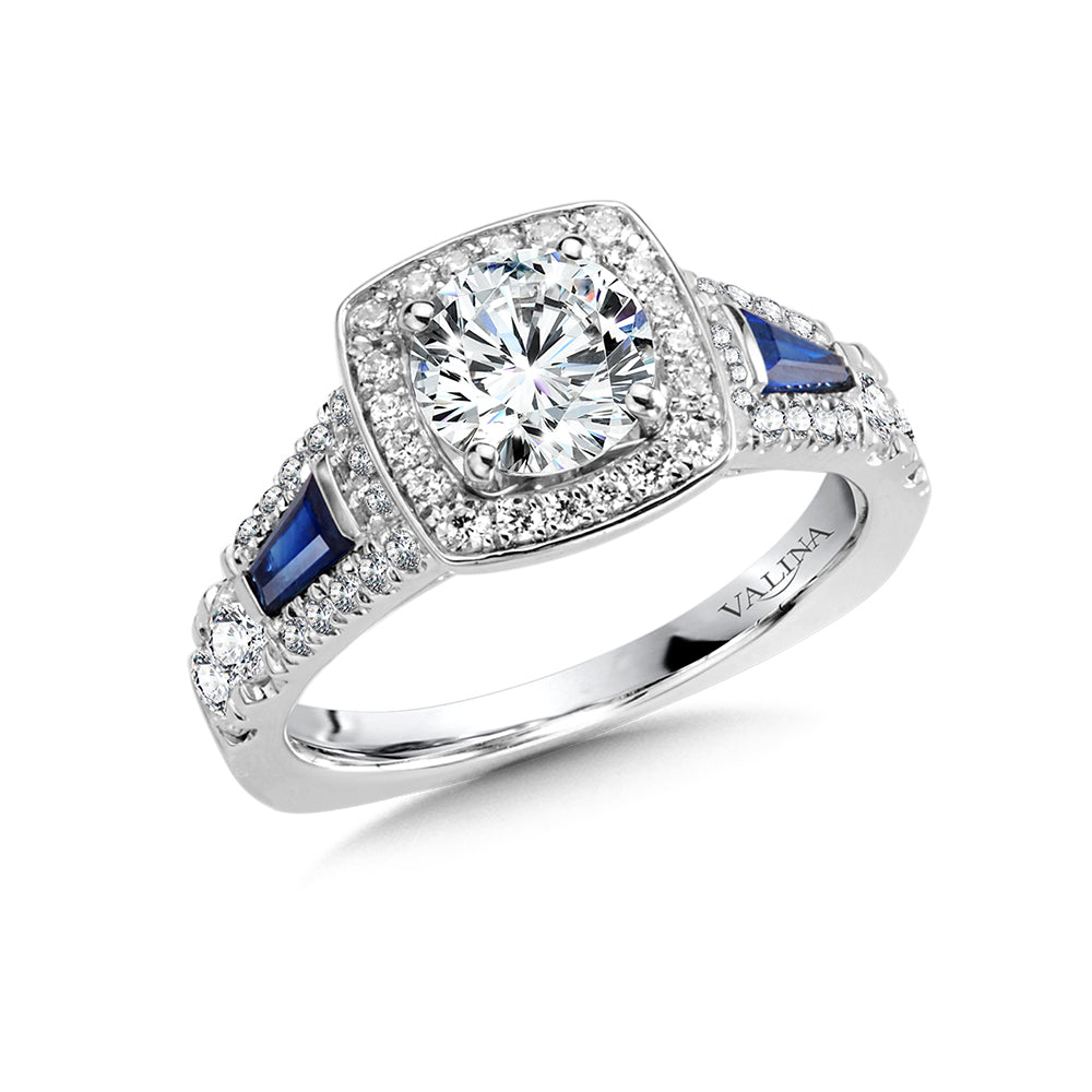 Diamond and Sapphire Cushion-Shaped Halo Engagement Ring — R1049W-BSA