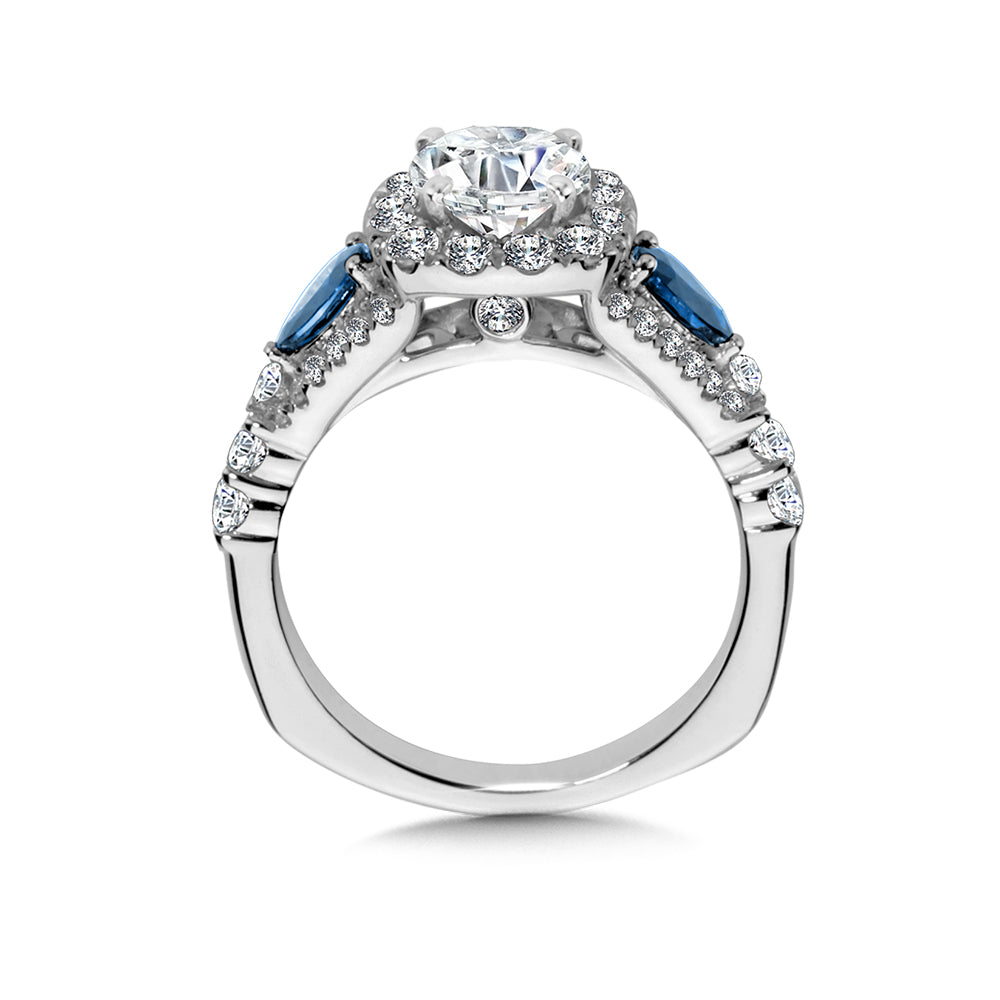 Cushion-Shaped Halo Diamond and Sapphire Engagement Ring — R1050W-BSA