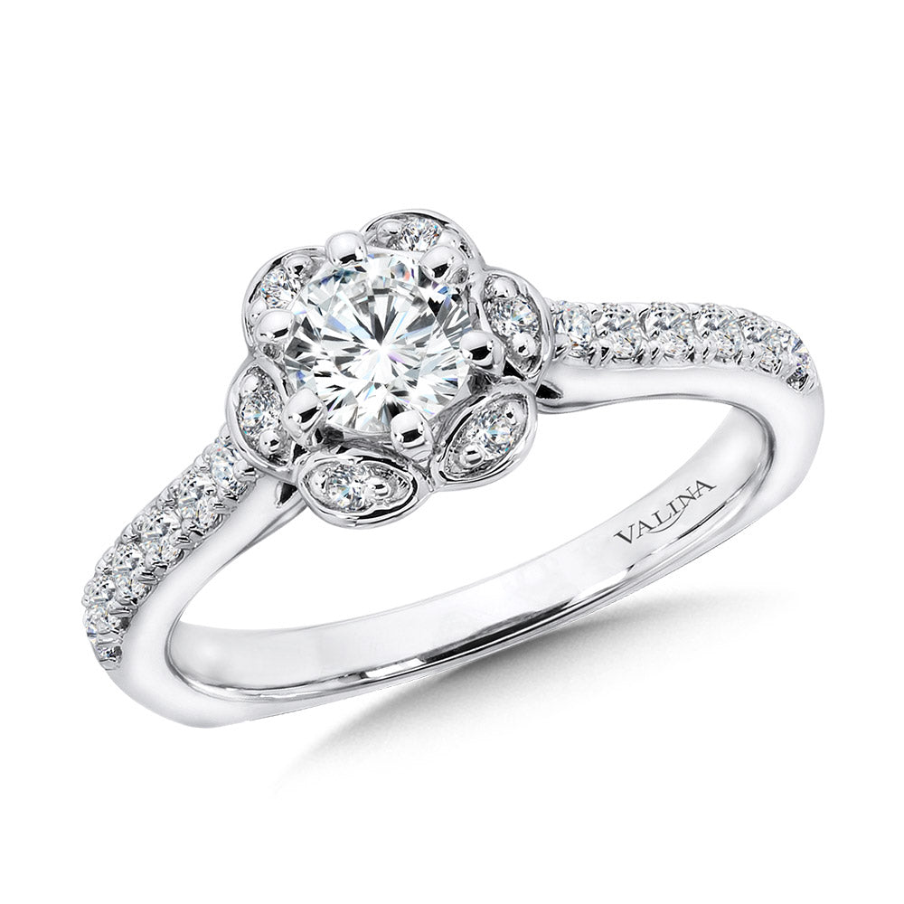 Six-Prong Floral Halo Diamond Engagement Ring — R1085W