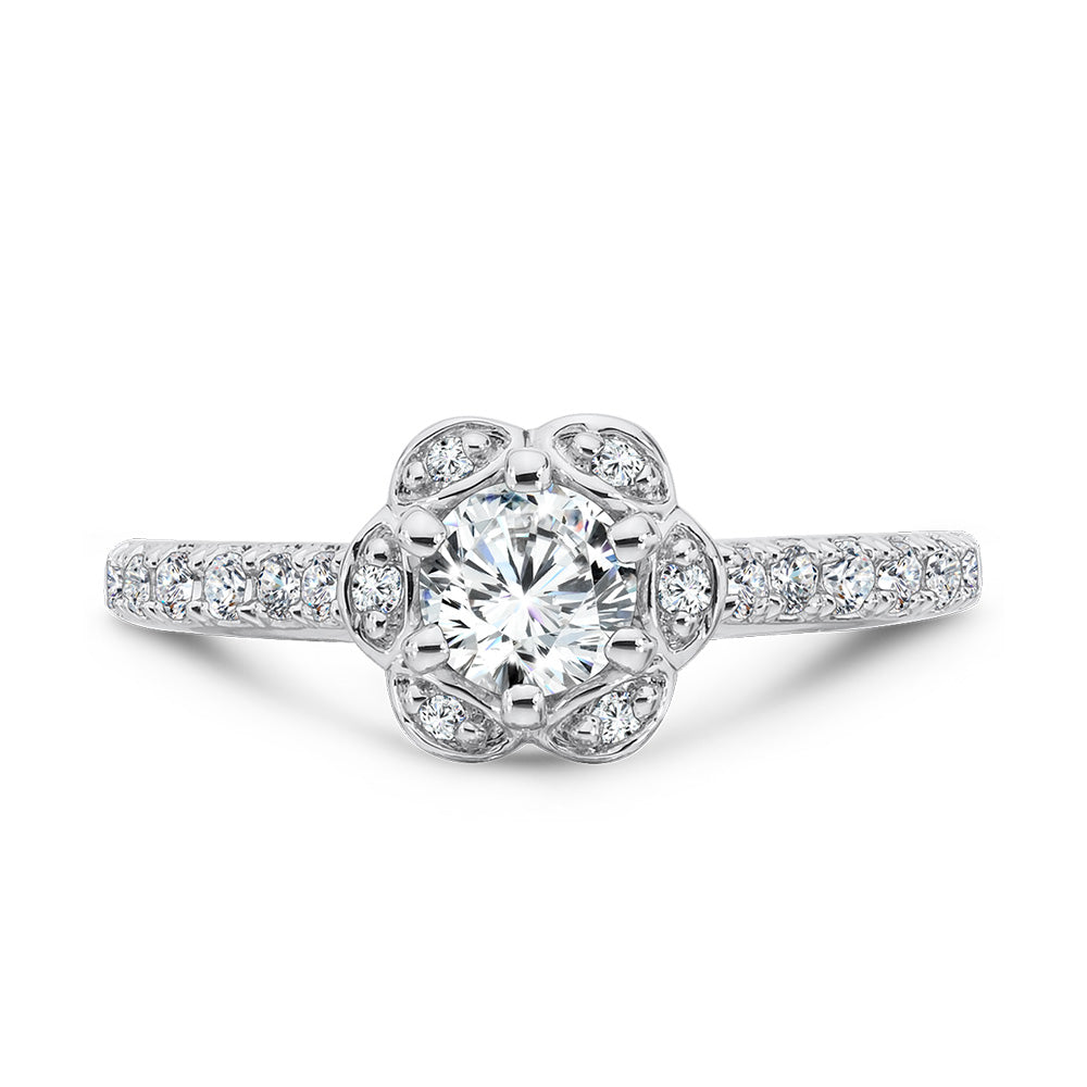 Six-Prong Floral Halo Diamond Engagement Ring — R1085W
