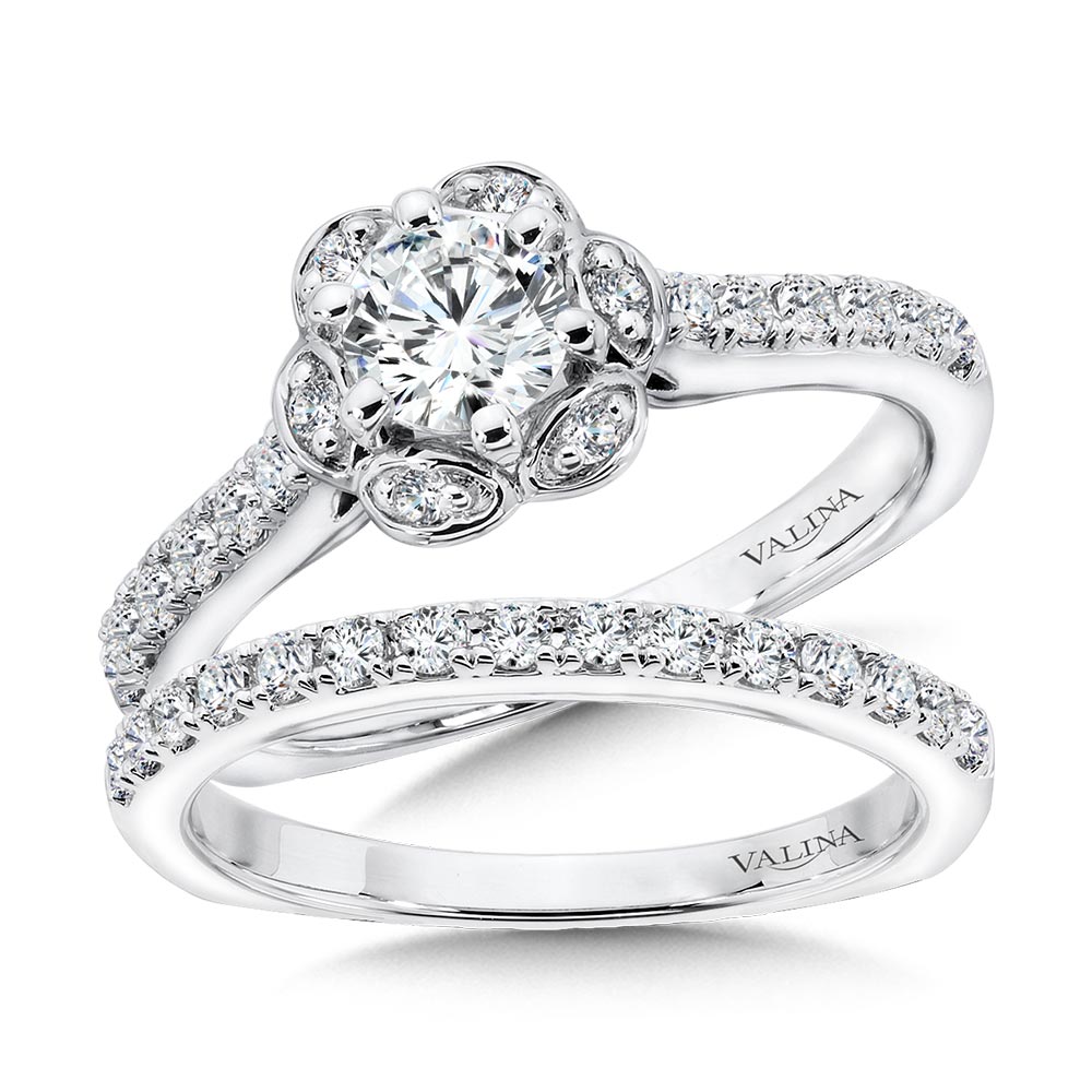 Six-Prong Floral Halo Diamond Engagement Ring — R1085W