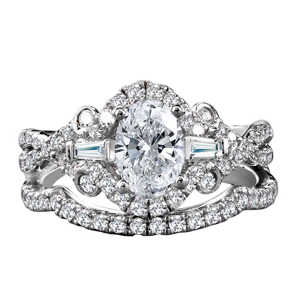 Tapered Oval and Baguette 3 Stone Diamond Engagement Ring — R1093W