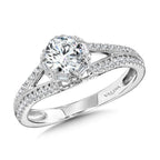 Six-Prong Milgrain-Beaded Split Shank Baguette Halo Engagement Ring — R1104W