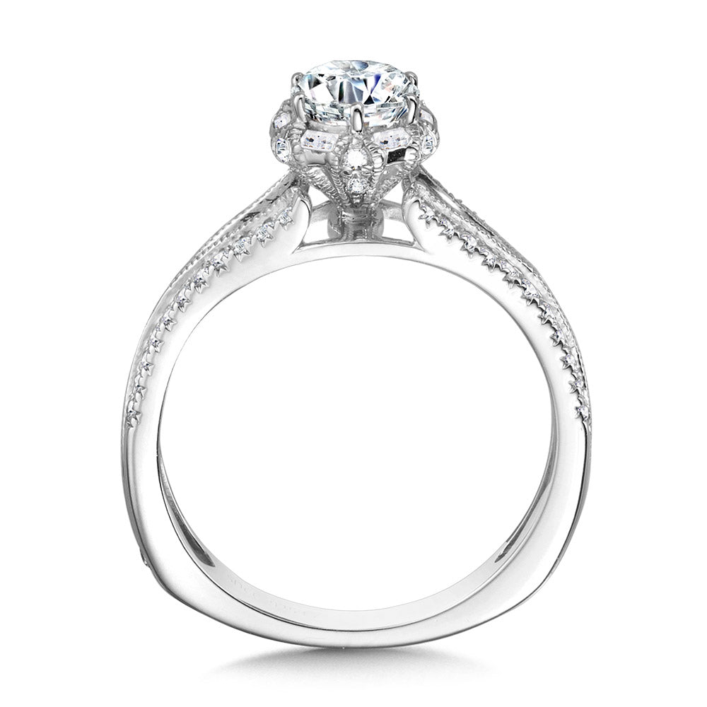 Six-Prong Milgrain-Beaded Split Shank Baguette Halo Engagement Ring — R1104W