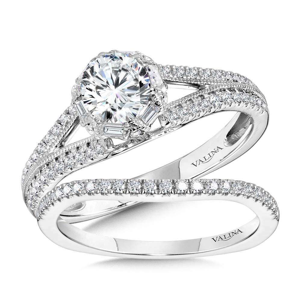 Six-Prong Milgrain-Beaded Split Shank Baguette Halo Engagement Ring — R1104W