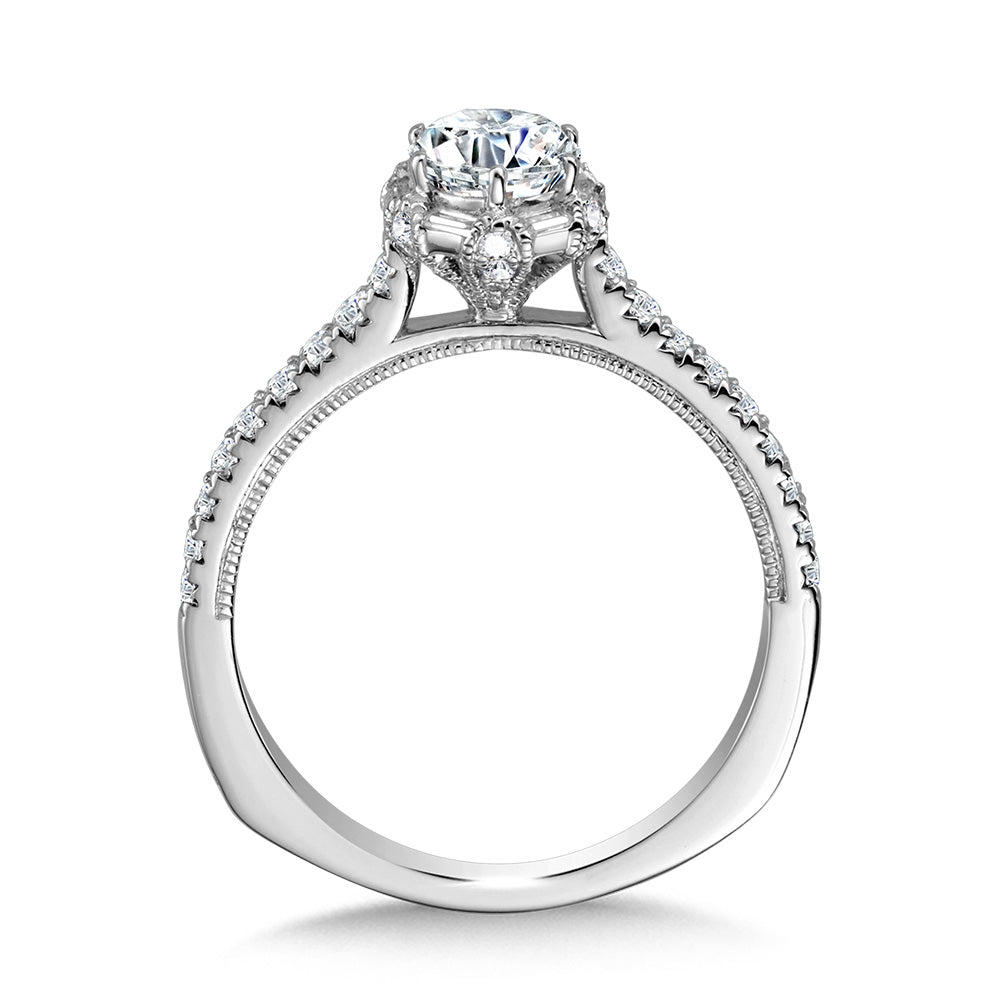 Six-Prong Milgrain-Beaded Baguette Halo Engagement Ring — R1105W