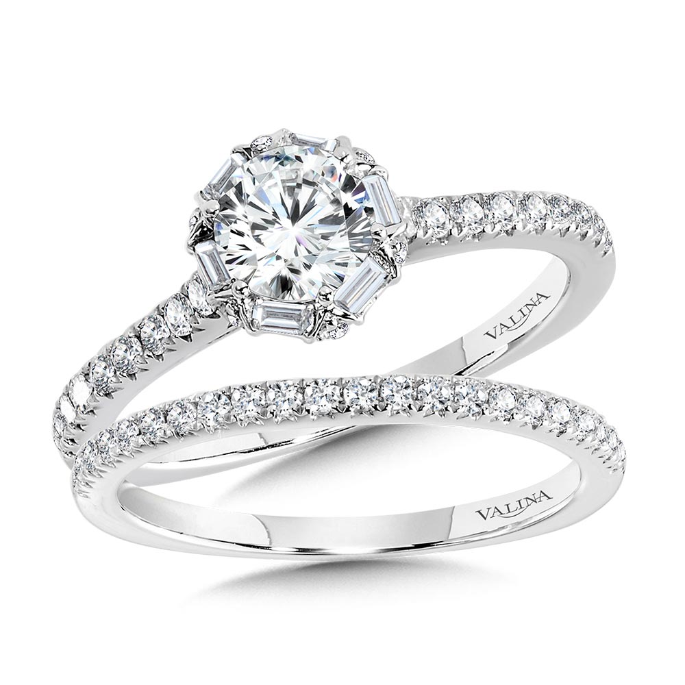 Six-Prong Milgrain-Beaded Baguette Halo Engagement Ring — R1105W