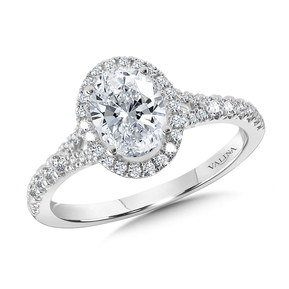 Oval-Shaped Halo Split Shank Engagement Ring — R1118W-SR