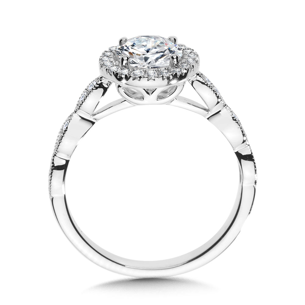 Scalloped & Milgrain-Beaded Round Halo Engagement Ring — R1126W-SR