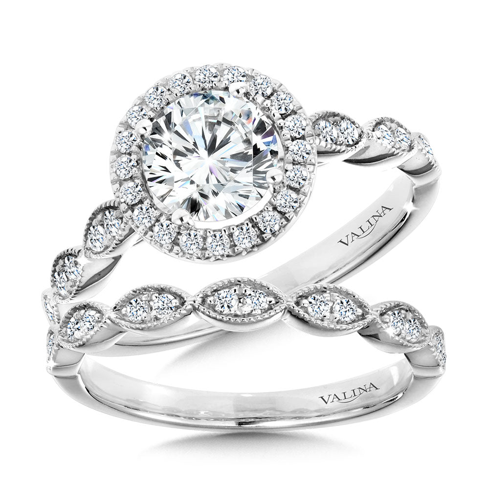 Scalloped & Milgrain-Beaded Round Halo Engagement Ring — R1126W-SR