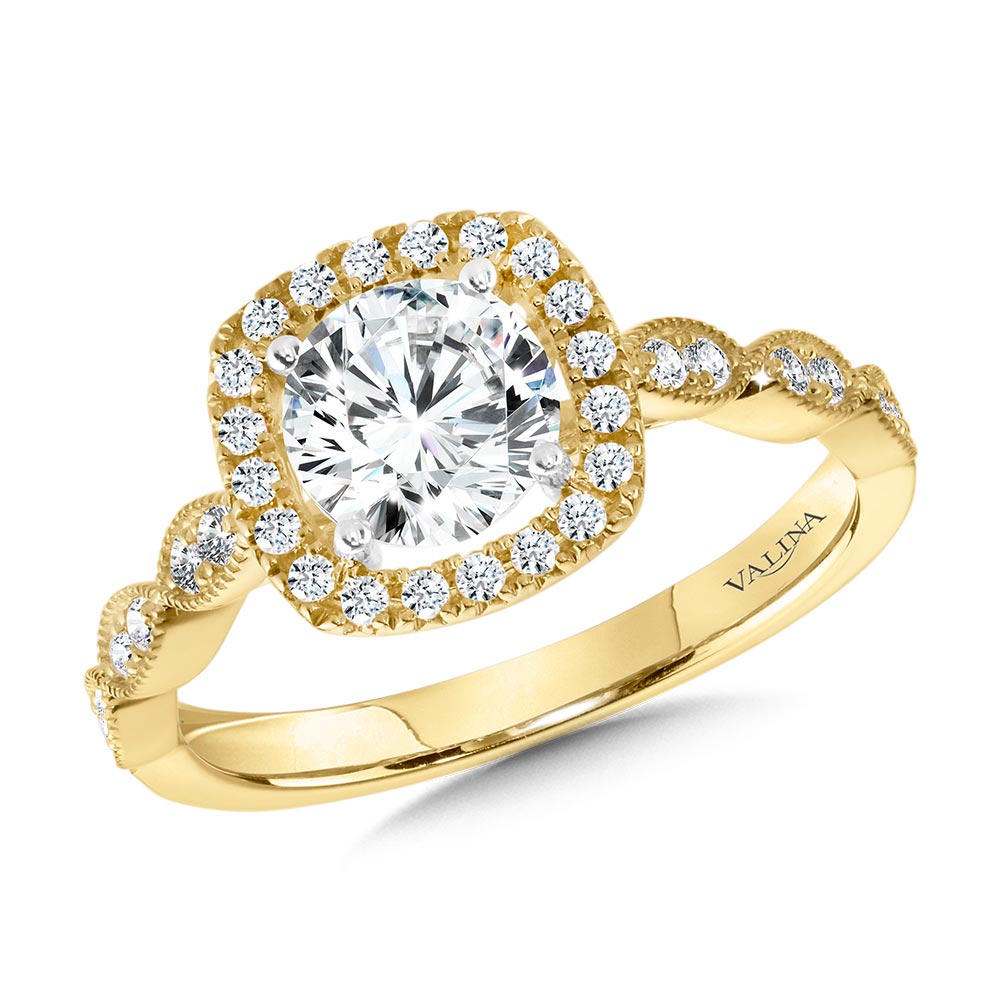 Scalloped & Milgrain-Beaded Cushion-Shaped Halo Engagement Ring — R1127Y-SR