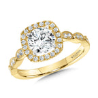 Scalloped & Milgrain-Beaded Cushion-Shaped Halo Engagement Ring — R1127Y-SR