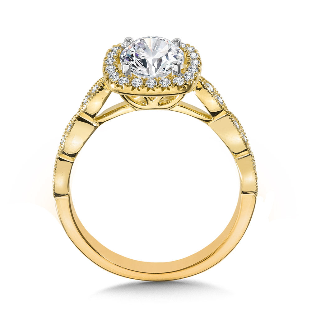 Scalloped & Milgrain-Beaded Cushion-Shaped Halo Engagement Ring — R1127Y-SR