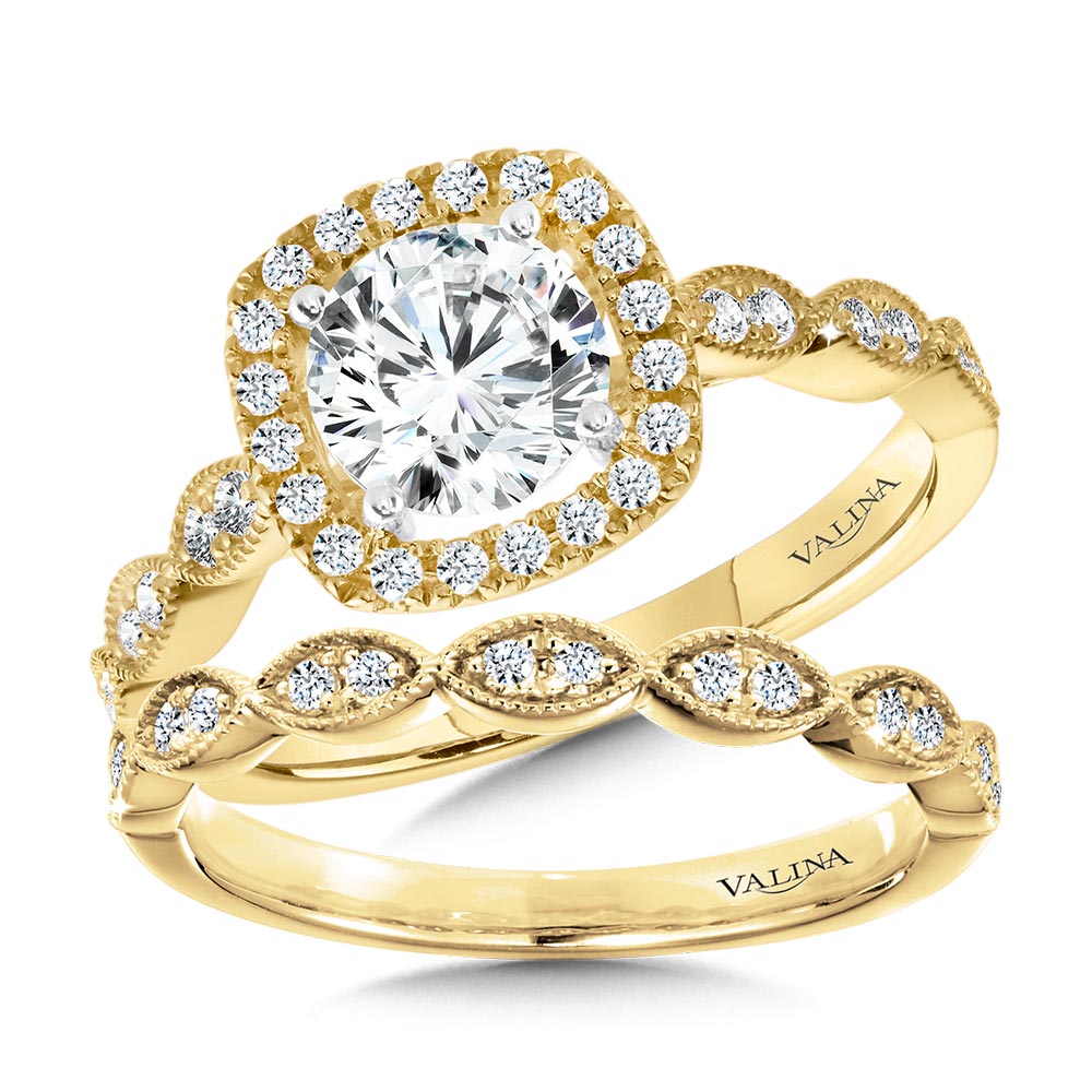 Scalloped & Milgrain-Beaded Cushion-Shaped Halo Engagement Ring — R1127Y-SR