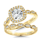 Scalloped & Milgrain-Beaded Cushion-Shaped Halo Engagement Ring — R1127Y-SR