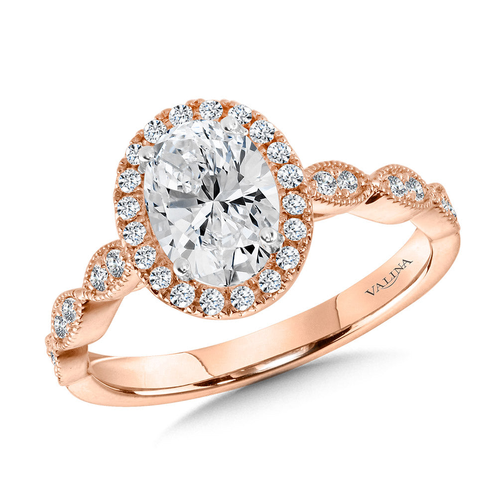 Scalloped & Milgrain-Beaded Oval Halo Engagement Ring — R1128P-SR