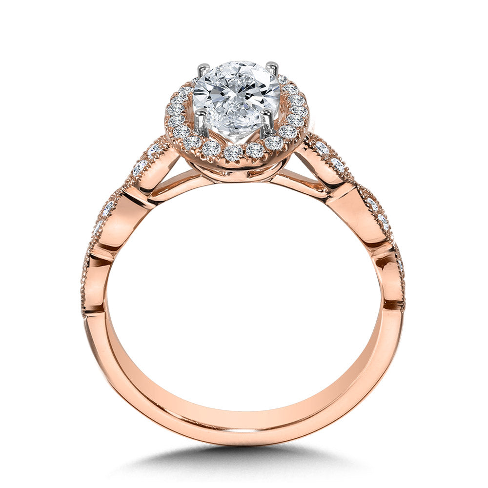 Scalloped & Milgrain-Beaded Oval Halo Engagement Ring — R1128P-SR