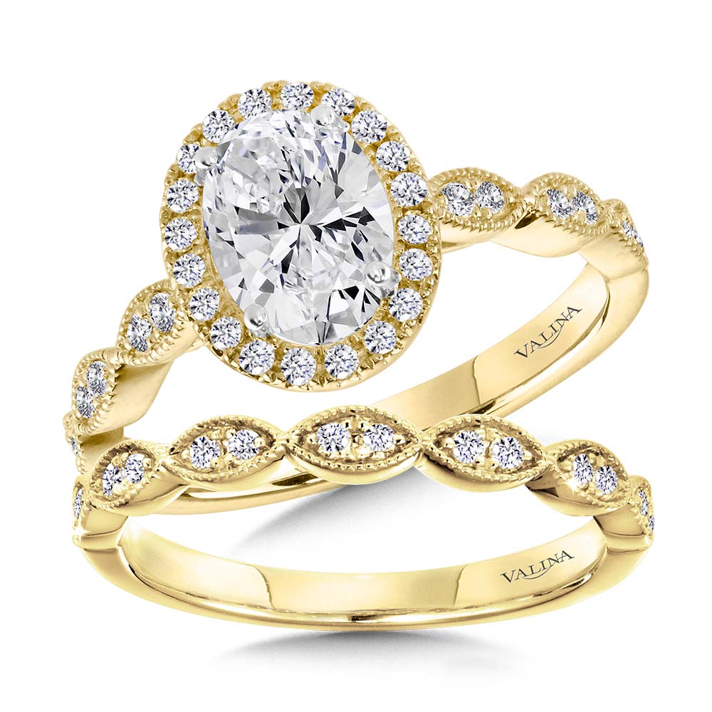 Scalloped & Milgrain-Beaded Oval Halo Engagement Ring — R1128Y-SR