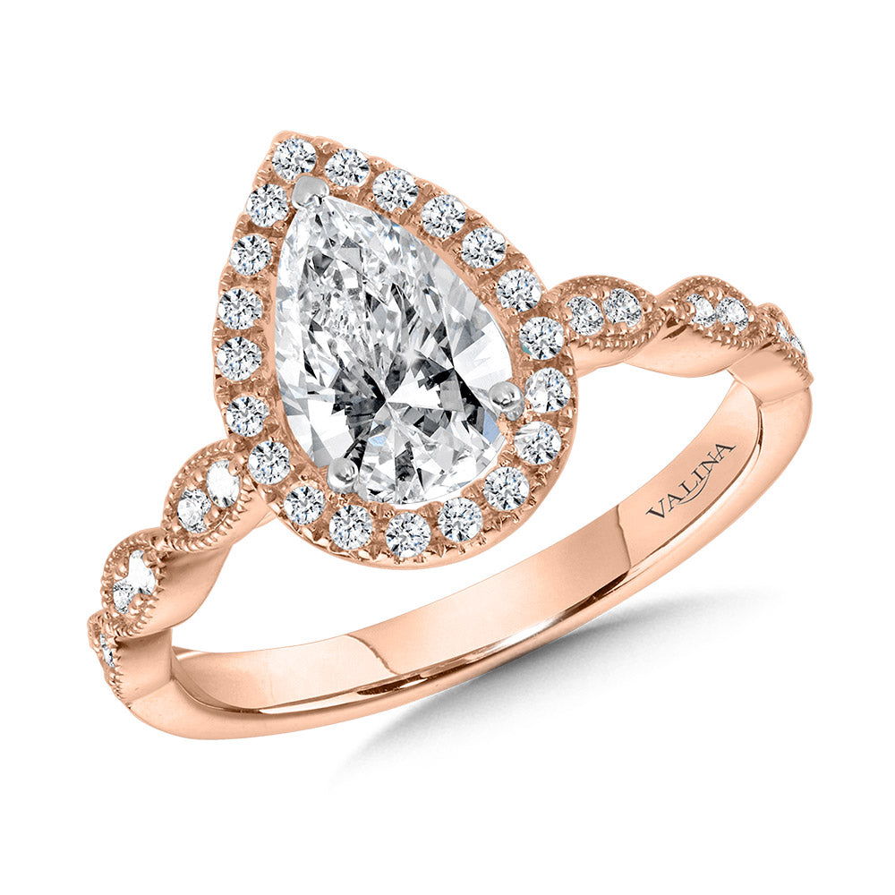 Scalloped & Milgrain-Beaded Pear-Shaped Halo Engagement Ring — R1129P-SR