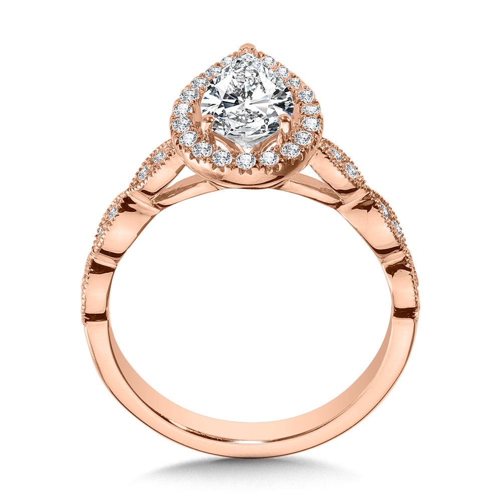 Scalloped & Milgrain-Beaded Pear-Shaped Halo Engagement Ring — R1129P-SR