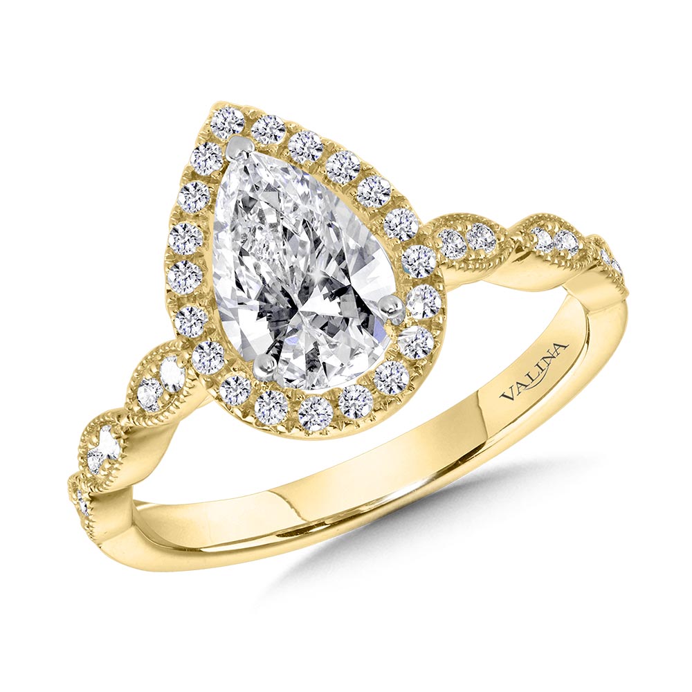 Scalloped & Milgrain-Beaded Pear-Shaped Halo Engagement Ring — R1129Y-SR
