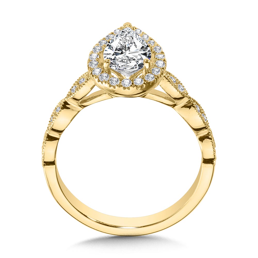 Scalloped & Milgrain-Beaded Pear-Shaped Halo Engagement Ring — R1129Y-SR