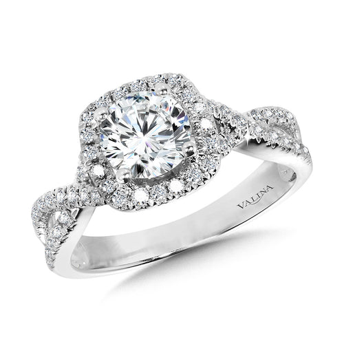 Crisscross Cushion-Shaped Halo Engagement Ring — R1131W-SR