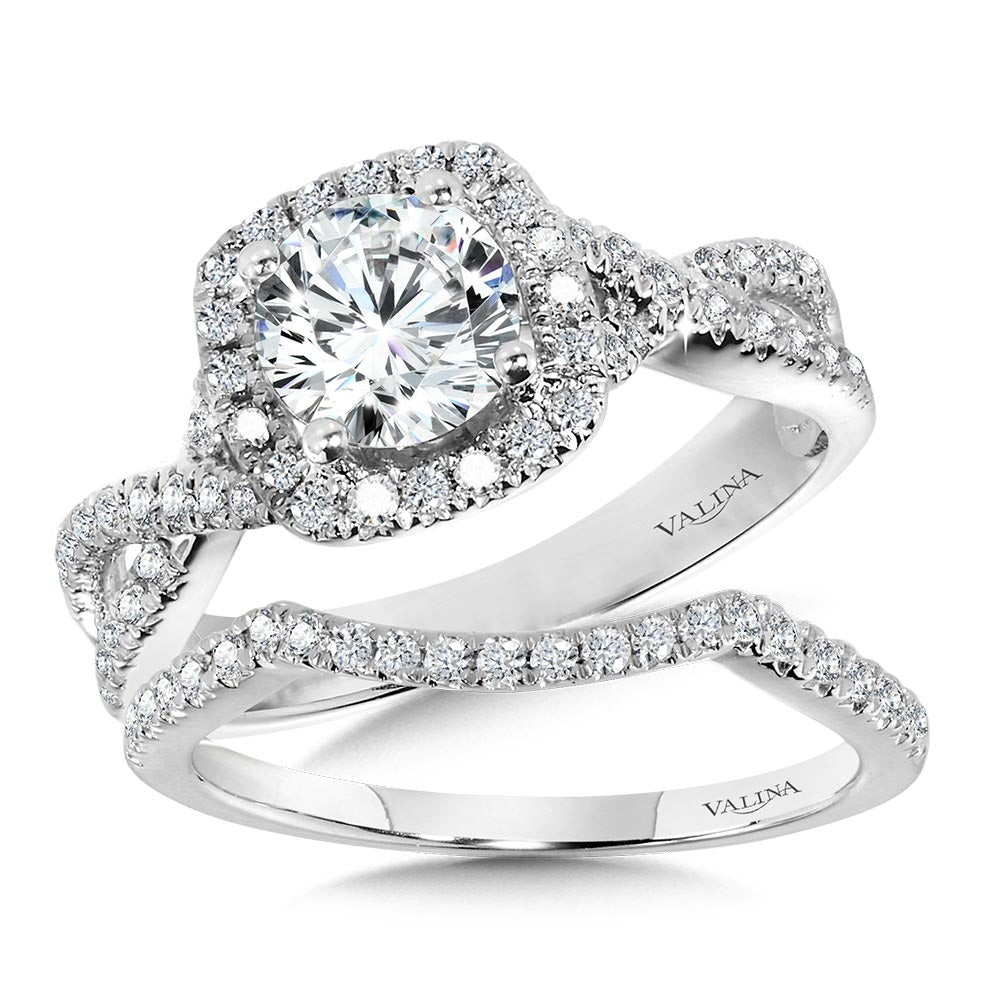 Crisscross Cushion-Shaped Halo Engagement Ring — R1131W-SR