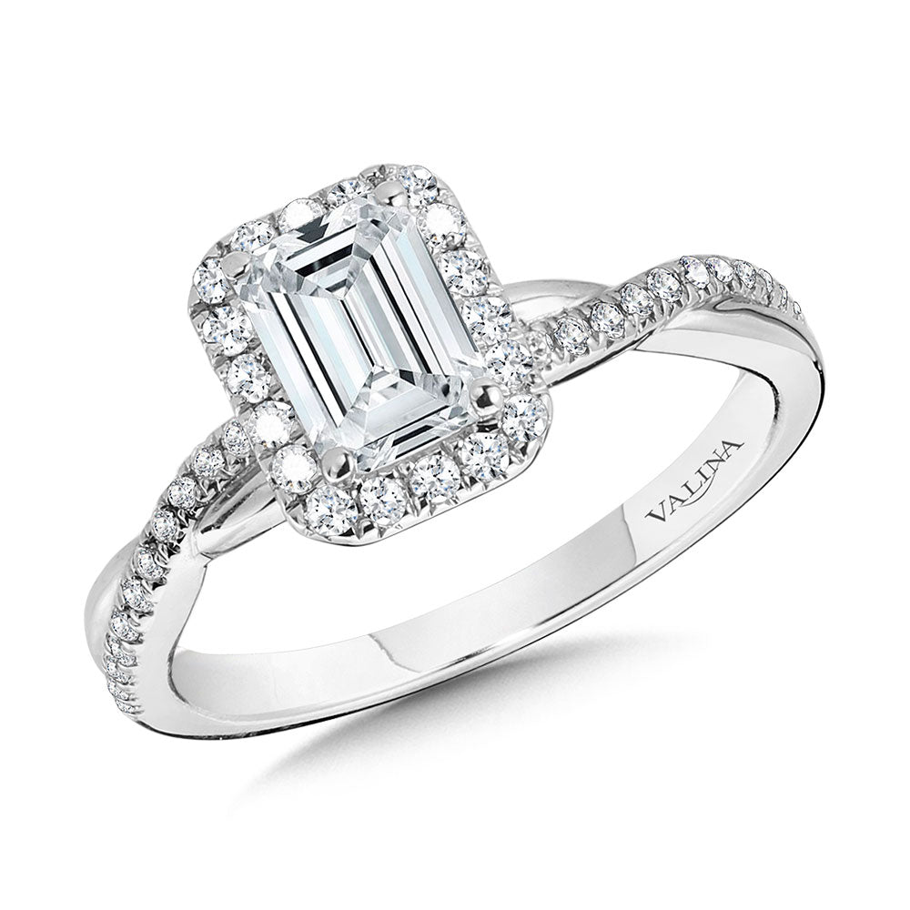 Crisscross Emerald-Shaped Halo Engagement Ring — R1133W-SR