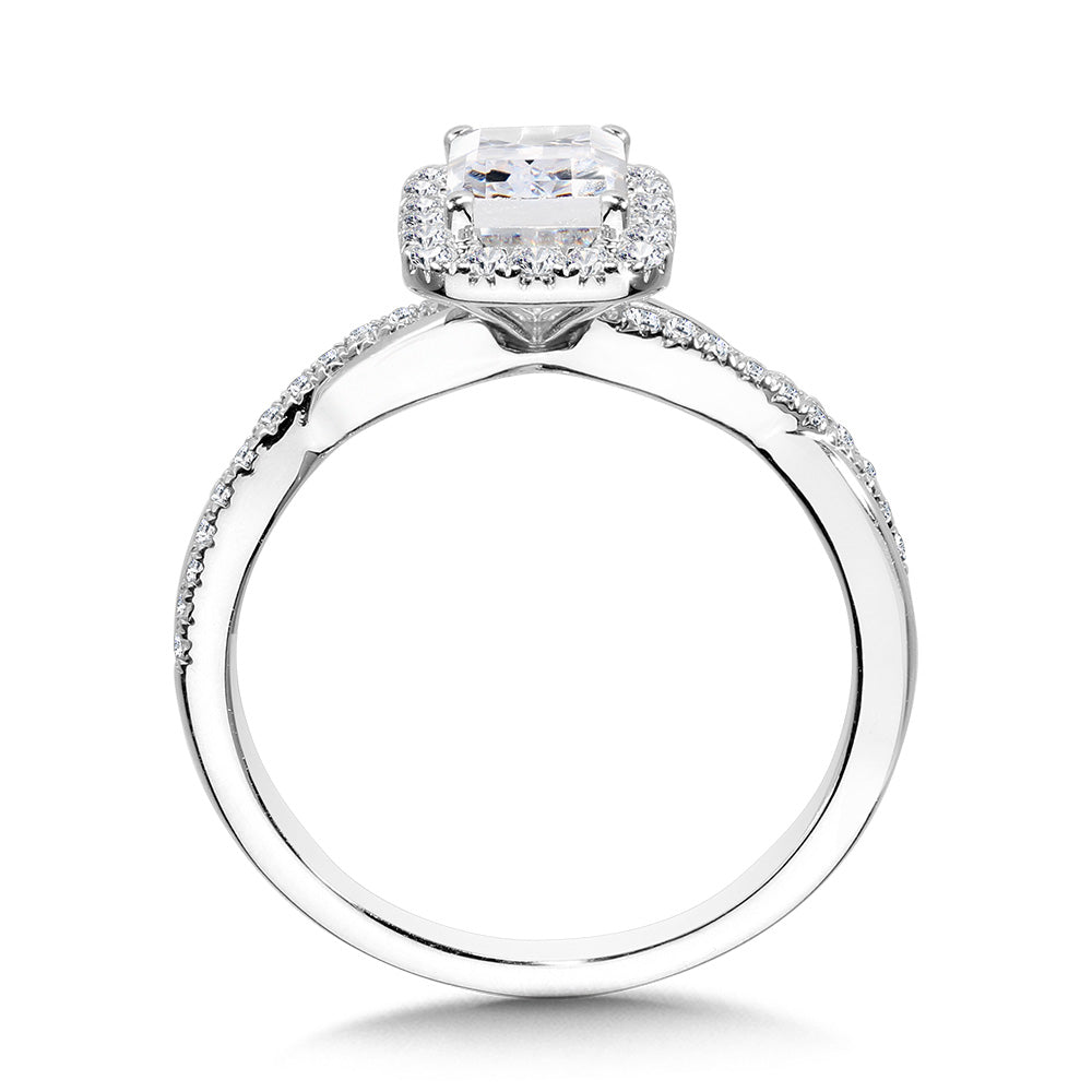 Crisscross Emerald-Shaped Halo Engagement Ring — R1133W-SR