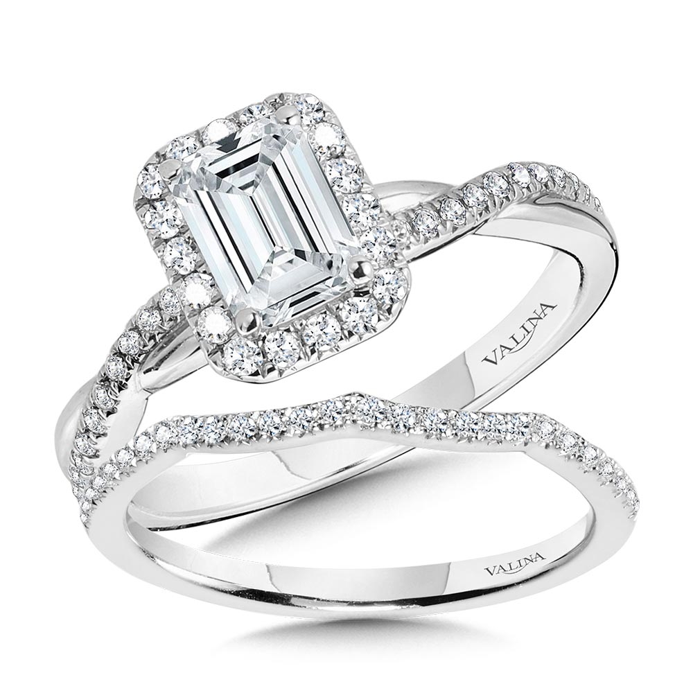Crisscross Emerald-Shaped Halo Engagement Ring — R1133W-SR