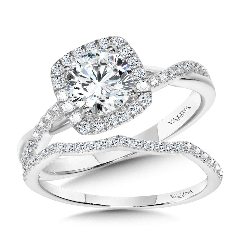 Crisscross Cushion-Shaped Halo Engagement Ring — R1135W-SR