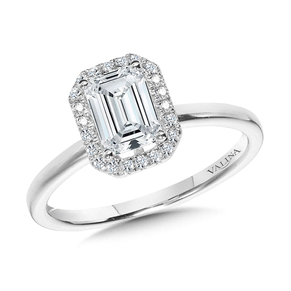 Classic Straight Emerald-Shaped Halo Engagement Ring — R1143W-SR