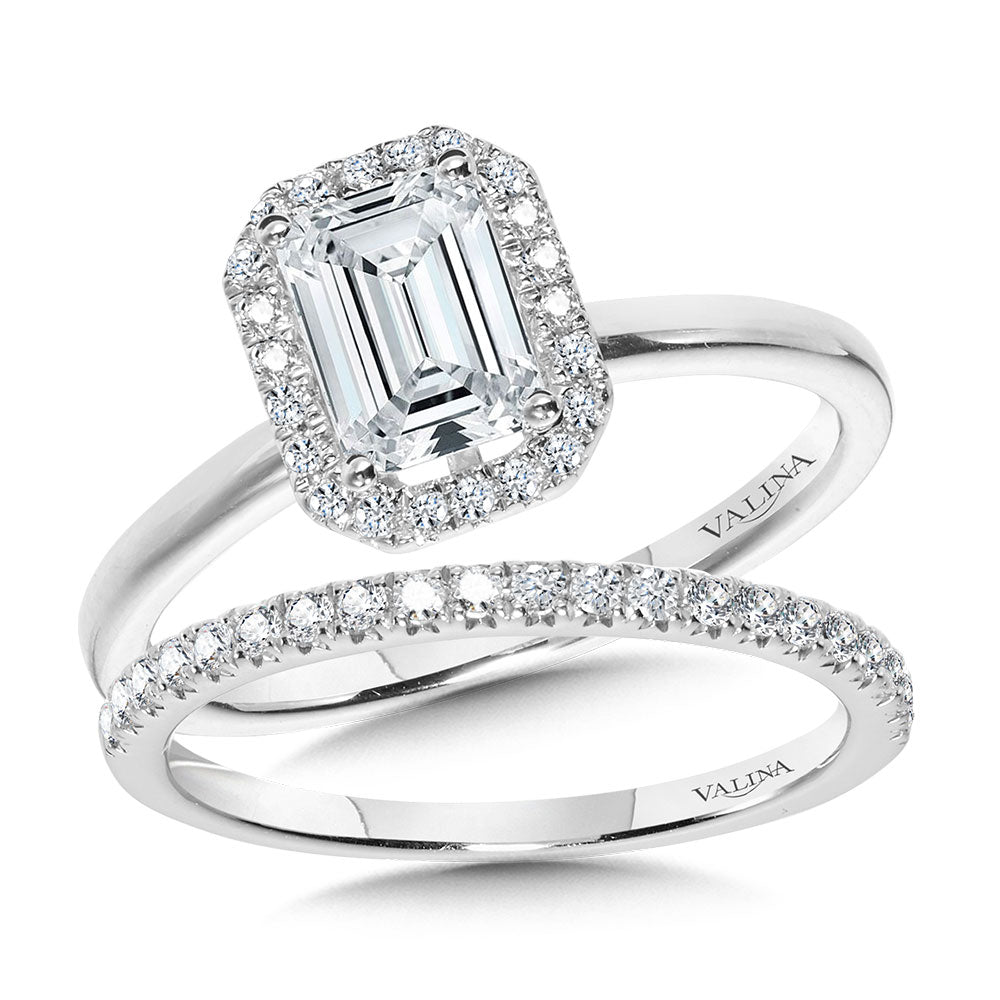 Classic Straight Emerald-Shaped Halo Engagement Ring — R1143W-SR