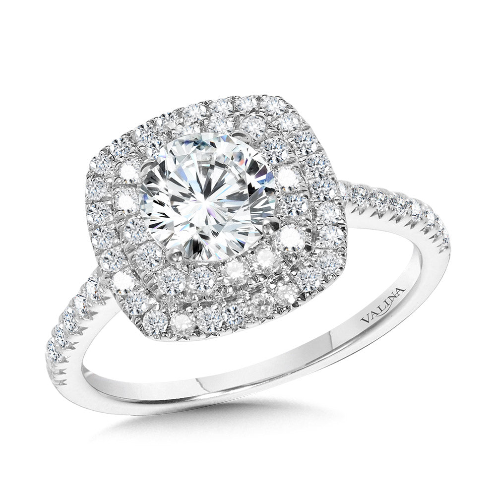 Straight Cushion-Shaped Double-Halo Engagement Ring — R1144W-SR
