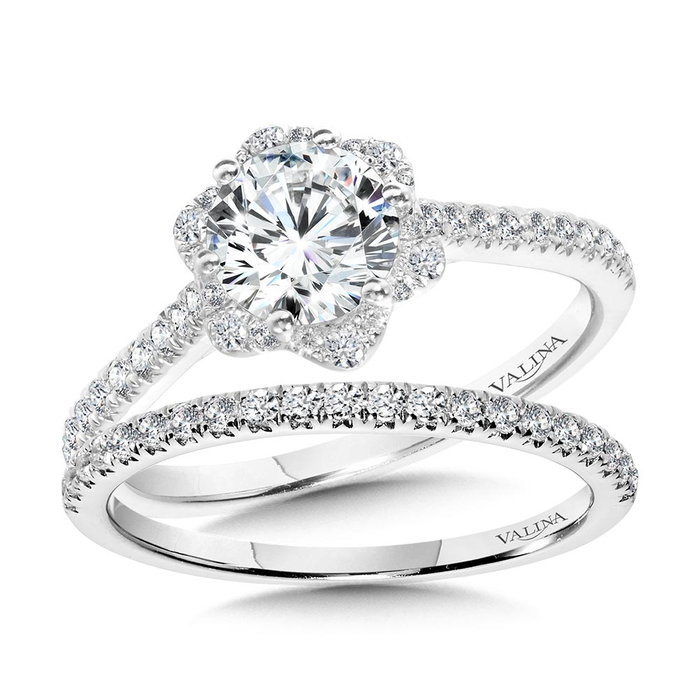 Straight Floral Halo Engagement Ring — R1153W-SR