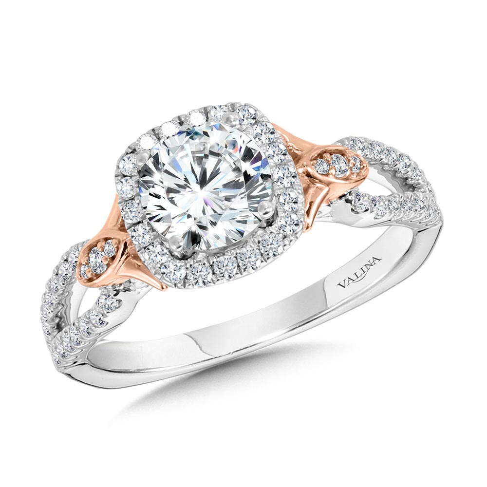 Dual-Tone Split Shank Cushion-Shaped Halo Engagement Ring — R1173WP