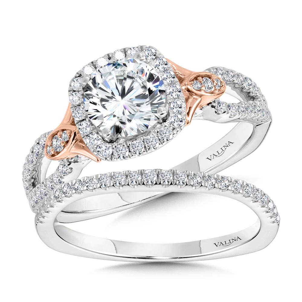Dual-Tone Split Shank Cushion-Shaped Halo Engagement Ring — R1173WP