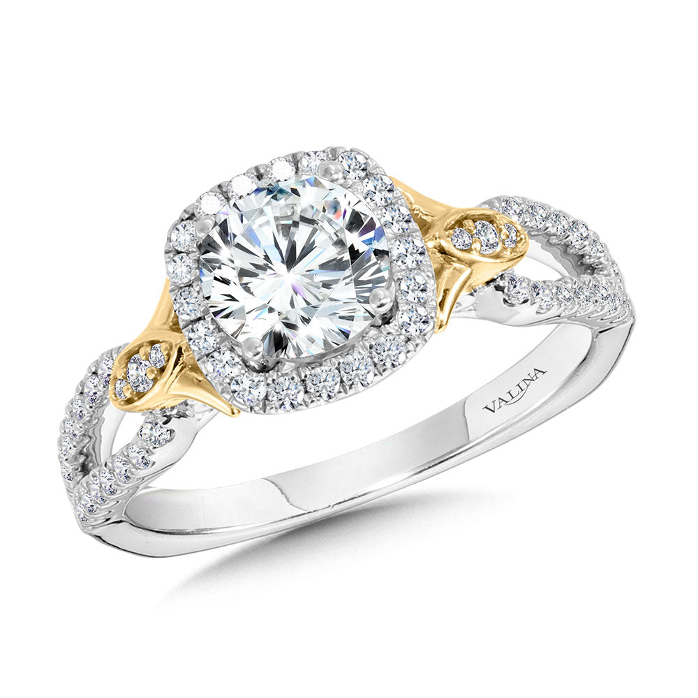 Dual-Tone Split Shank Cushion-Shaped Halo Engagement Ring — R1173WY