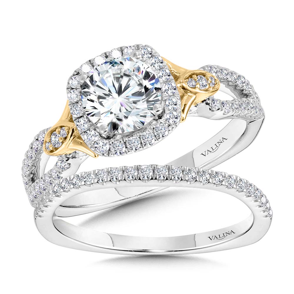 Dual-Tone Split Shank Cushion-Shaped Halo Engagement Ring — R1173WY
